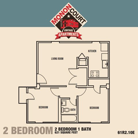 A floor plan of a two bedroom apartment with a living room, kitchen and bathroom.